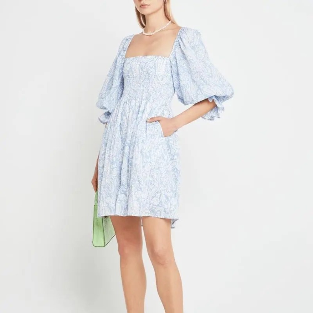 Kourt Blue Paisley Smocked Mini Dress Puff‎ Sleeve Cotton XS